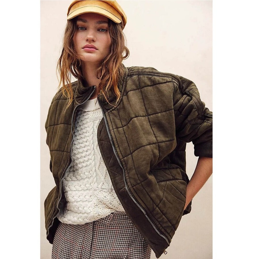 Free People Quilted Dolman Knit Jacket Dusted Military Green Large Oversized